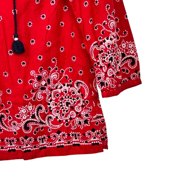 Talbots Top Womens Small Petite Red Bandana Print Tassel Neck 3/4 Sleeve Blouse - Picture 5 of 10